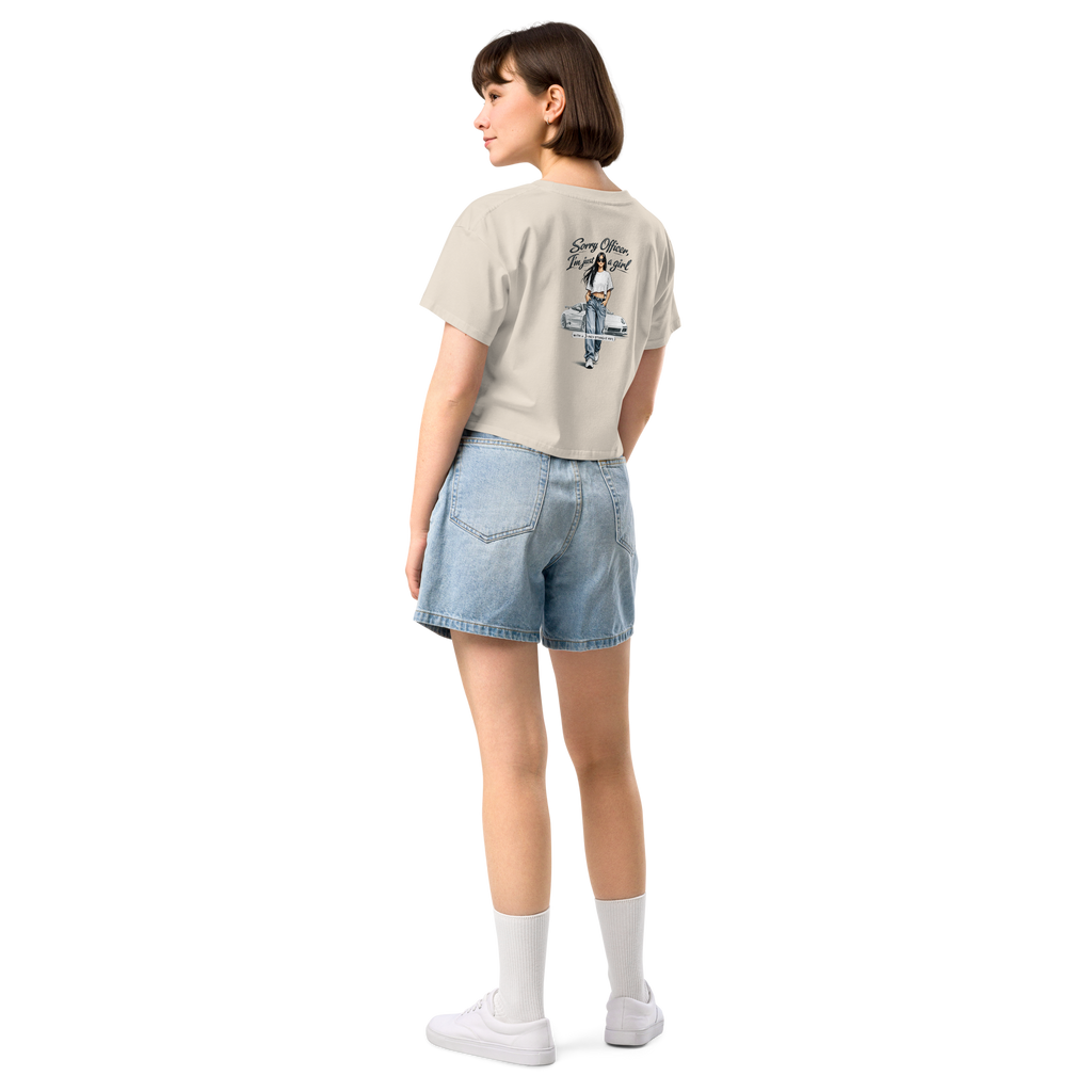Women's Crop Tee — "Sorry Officer, I'm Just a Girl (with a 3-inch Straight Pipe)